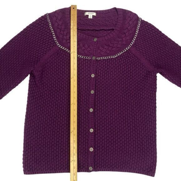 Liz Claiborne Cardigan Women XL Purple Cable Knit Chain Trim Button Down Sweater - Picture 12 of 16
